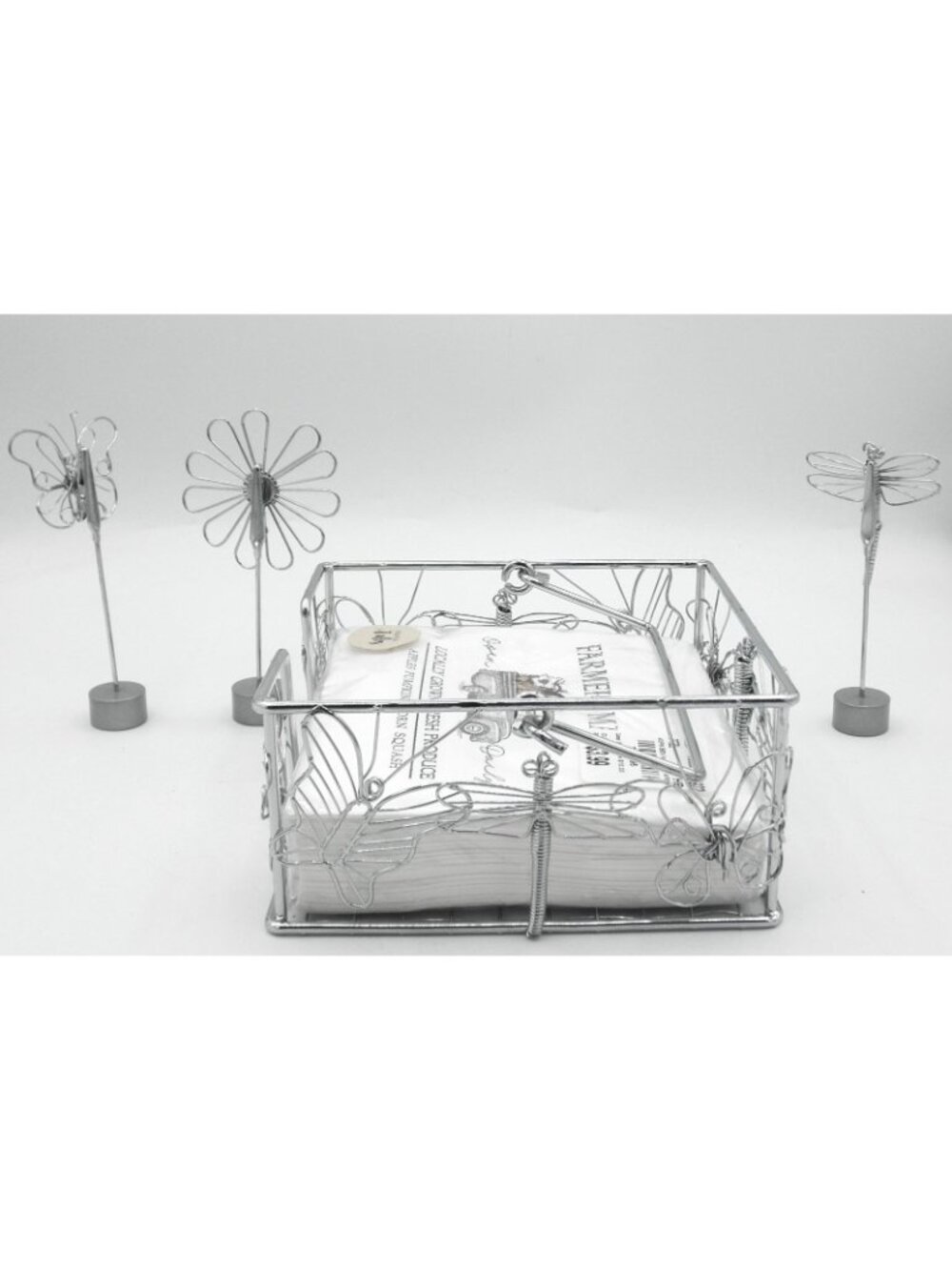 Silver-tone Metal Butterfly Cocktail Napkin Holder Coordinating Place Card Clips - Picture 2 of 8